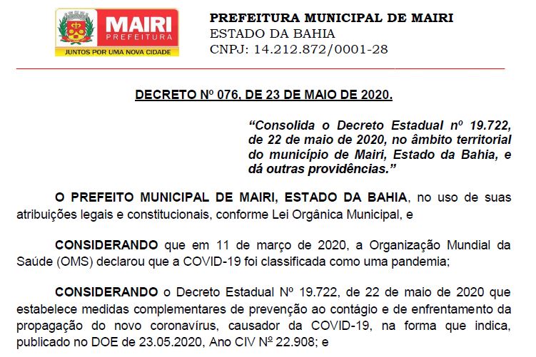 Prefeitura de Mairi antecipa feriados do São João e 2 de Julho, após sanção de Lei Estadual